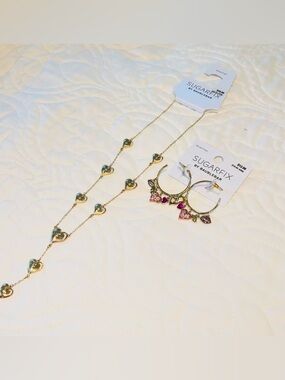NEW Never Worn! SUGARFIX Gold Heart Necklace and Gold Hoop Earrings with Charms